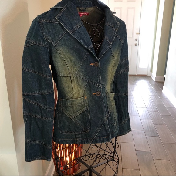 Jennyfer J denim Jean jacket front pockets distressed Patchwork Medium. EC* - Picture 2 of 14